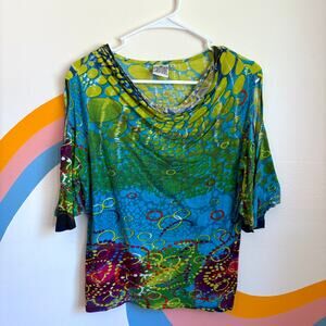 Parsley & Sage Cold Shoulder Top Womens Medium Abstract Cowl Neck Artsy